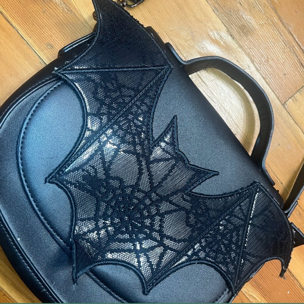 Lace Bat Rounded Crossbody Purse Gothic Halloween Design - Picture 2 of 7